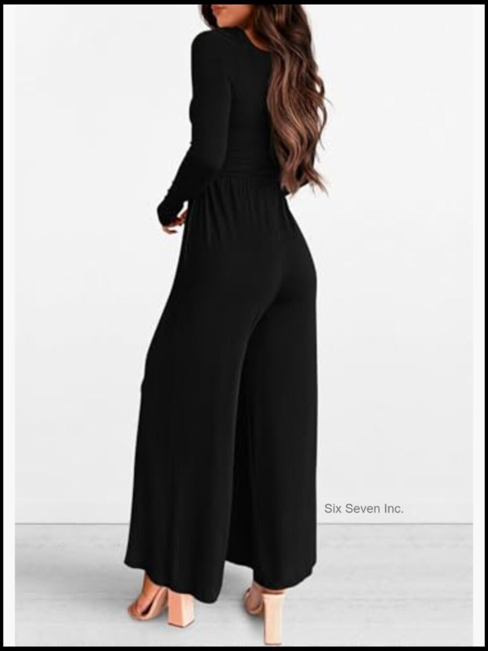 Long Sleeve Jumpsuit for Women Square Neck Wide Leg Pockets Romper - Picture 2 of 7